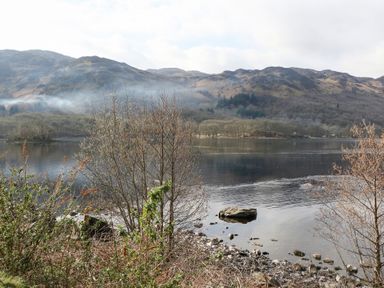 A lake with mountains and trees at Altair Lodge