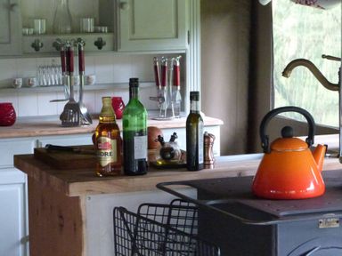 A kitchen with bottles and a kettle at Ceri in Newcastle Emlyn