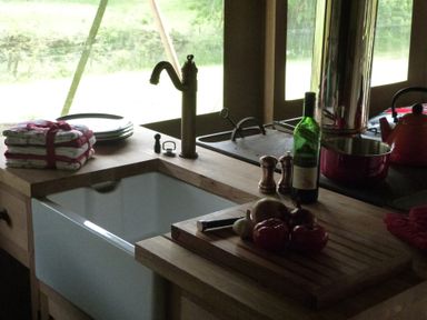 A kitchen with a sink and vegetables on a chopping board at Ceri Newcastle Emlyn