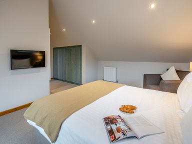 A bedroom with a bed and television at Tranquillity 3 in Warton near Carnforth
