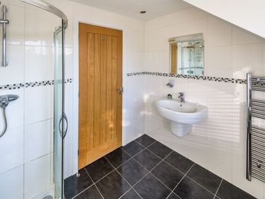 A bathroom with a shower, sink, and towel rail at Nan's House Spa in Marhamchurch
