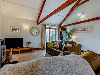 A living room with a sofa and television at Barley Park in Marhamchurch