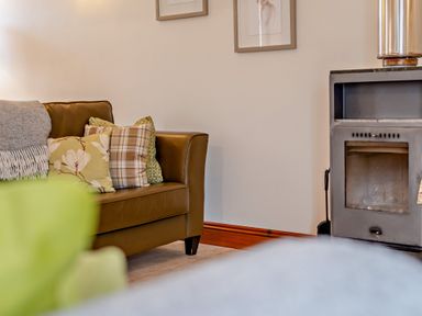 A living room with a couch and a stove at Barley Park in Marhamchurch