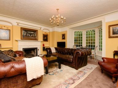 A living room with a fireplace and sofas at Ladye Park in Liskeard