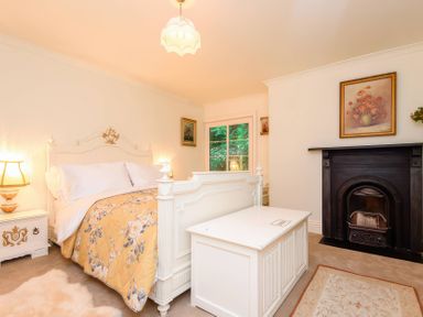 A bedroom with a bed and a fireplace at Ladye Park in Liskeard