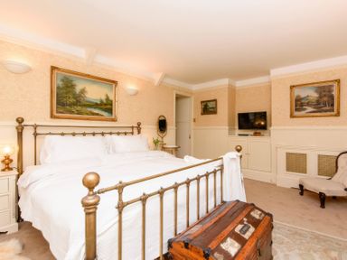 A bedroom with a bed, television, and paintings at Ladye Park in Liskeard