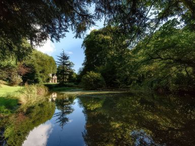 A pond surrounded by trees with a house in the background at Ladye Park in Liskeard