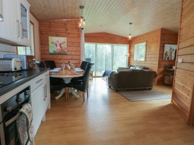 A living room with a kitchen area and dining table at Woodlands View in Leek