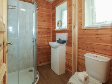 A bathroom with shower, sink, and toilet at Woodlands View in Leek