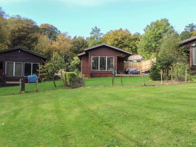 Two wooden lodges in an outdoor area at Woodlands View in Leek