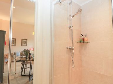 A shower with a glass door and shelves at Woodcock Studio Andoversford near Cheltenham