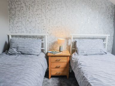 A bedroom with two beds and a bedside table at Rushmoor Cottage in Colaton Raleigh