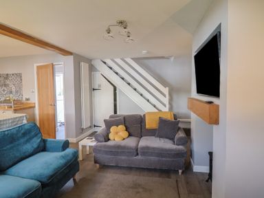 A living room with sofa and television at Rushmoor Cottage in Colaton Raleigh