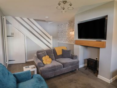 A living room with a sofa and television at Rushmoor Cottage in Colaton Raleigh