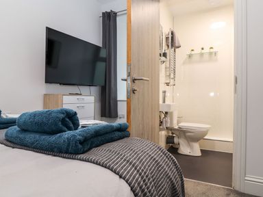 A bedroom with a television and attached bathroom at Teylu in Camborne
