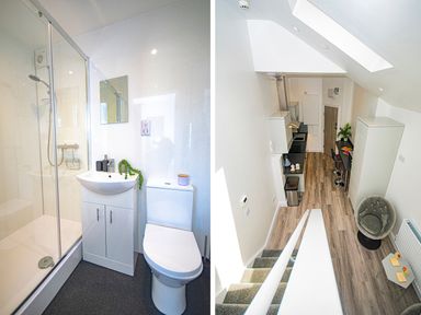 A bathroom with shower and toilet and a kitchen area at Daniel Chambers in Camborne