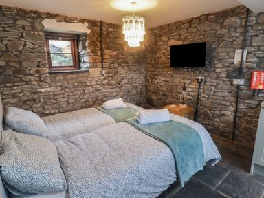 A bedroom with two beds and a television at Gwyn Studio in Aberdare