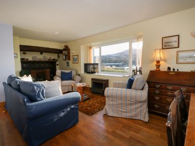 A living room with a sofa, armchair, television and decorative items at Bryncyn in Newport, Pembrokeshire
