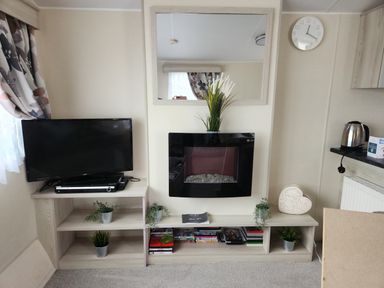 A living room with a television and fireplace at 123 Elms