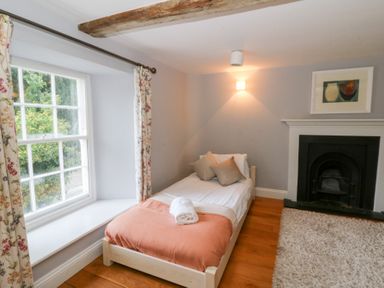 A bedroom with a single bed and a fireplace at Secret Garden Cottage in Ciliau Aeron near Aberaeron