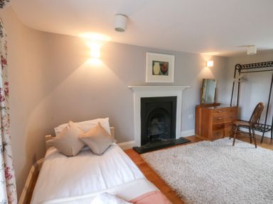 A bedroom with a bed and fireplace at Secret Garden Cottage in Ciliau Aeron near Aberaeron