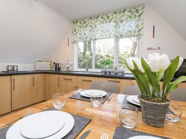 A kitchen with a table set and a view to the exterior at Valley Lodge 61 Callington