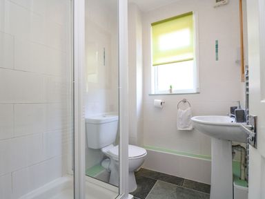 A bathroom with a shower, toilet, and sink at Valley Lodge 61 in Callington