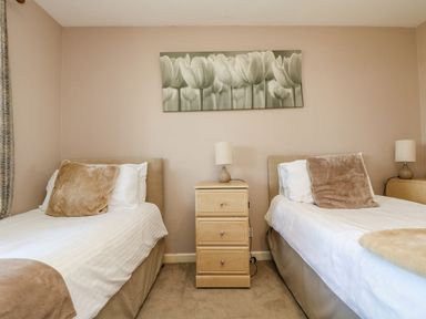 A bedroom with twin beds and a bedside table at Valley Lodge 61 in Callington
