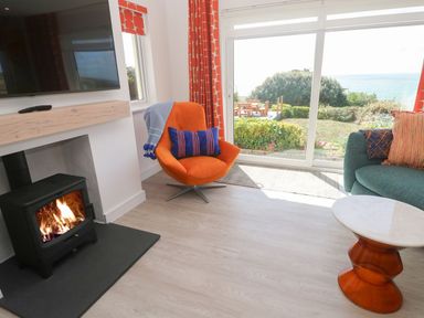 A living room with a television and fireplace at Shearwater in Praa Sands