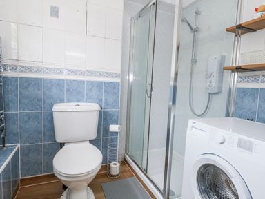 A bathroom with a shower, toilet and washing machine at Long Barn in Burton Bradstock