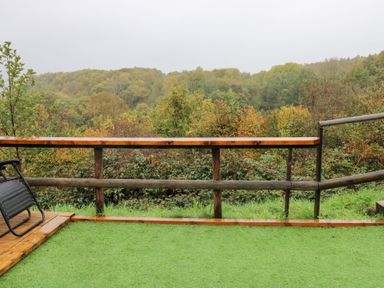 A terrace with a green surface and wooden railing overlooking a forest at Cwtch Bach Aberdare