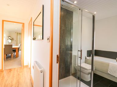 A bathroom with a shower and toilet at Bluebell Lodge in Warton
