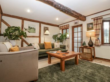 A living room with a sofa, coffee table, and plants at Magpie Cottage in Worcester