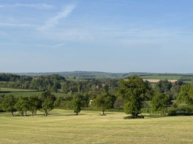 A landscape with fields and trees at The Bus on the Hill in Huntsham near Bampton, Devon