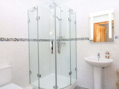 A bathroom with a shower and sink at The Milk Shed in Plymtree