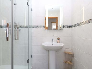 A bathroom featuring a shower, sink, and mirror at The Milk Shed in Plymtree
