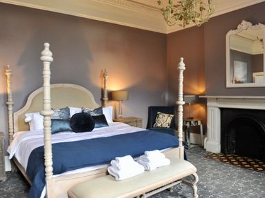 A bedroom with a bed and a fireplace at ASH HOUSE in Wincanton