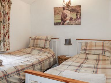 A bedroom with two beds and a lion painting at Blowing House Cottage Perranporth