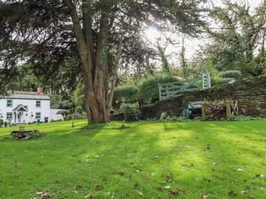 A garden with a house and tree at Blowing House Cottage in Perranporth