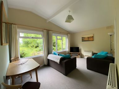 A living room with a sofa, television and dining table at Baillie Chalet