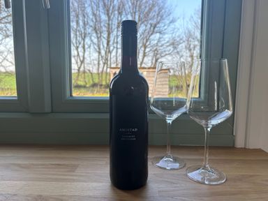A wine bottle and two glasses by a window at Y Nyth