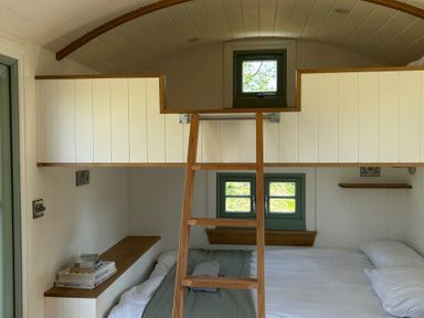 A bedroom with a bed and ladder at Y Nyth