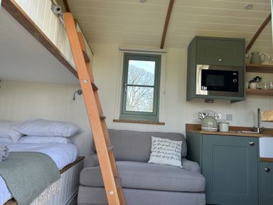 A living space with a loft bed and kitchenette at Y Nyth