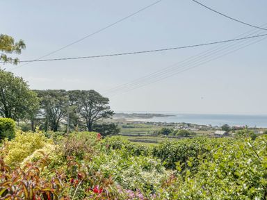 A view of the sea and landscape with plants and trees at Bwthyn Nain Harlech
