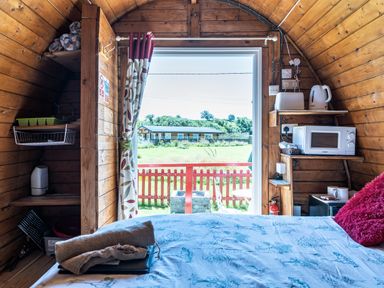 A cabin interior with kitchenette and bed at St Austell Glamping in St Austell
