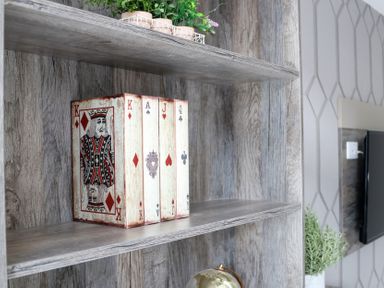 A book shelf with playing card themed book and plant in a living room at The Gavel in Morpeth