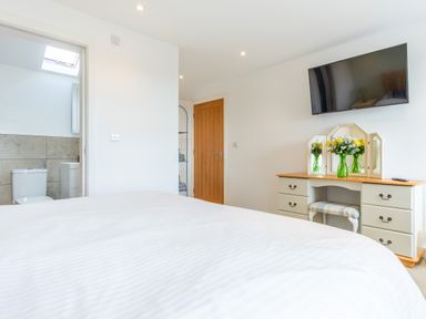 A bedroom with a bed and a television at Groeslon Uchaf in Caernarfon
