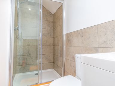 A bathroom with a shower and toilet at Groeslon Uchaf in Caernarfon