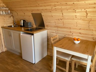 A kitchen area with sink, kettle, toaster, induction hob and a table with oranges at Kirkapol Beach Pod - Flow Isle of Tiree