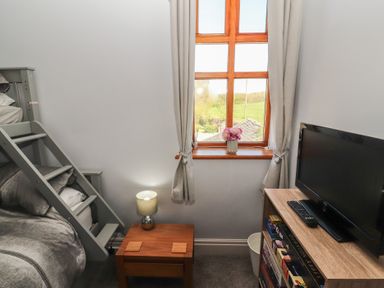 A bedroom with a bunk bed and a television at Tullythwaite Barn Kendal